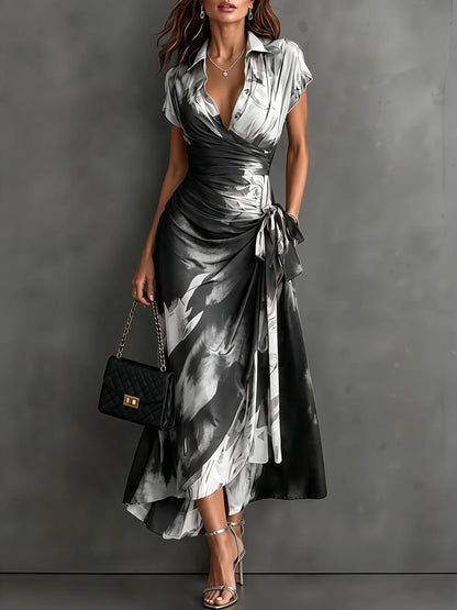 Midi Dress Abstract Print Wrap V-Neck Tie Waist