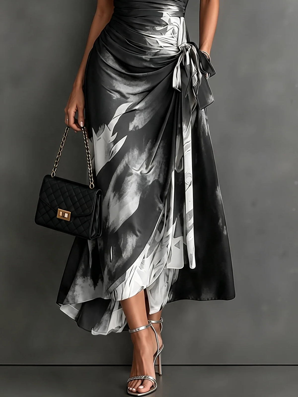 Midi Dress Abstract Print Wrap V-Neck Tie Waist