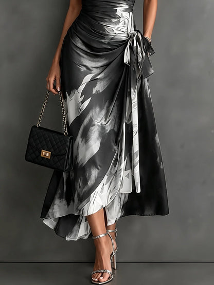 Midi Dress Abstract Print Wrap V-Neck Tie Waist