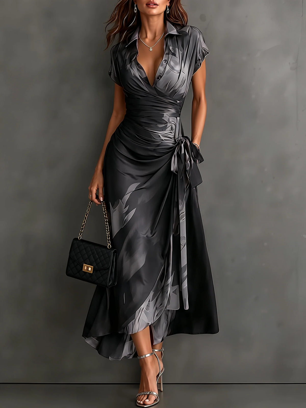 Midi Dress Abstract Print Wrap V-Neck Tie Waist