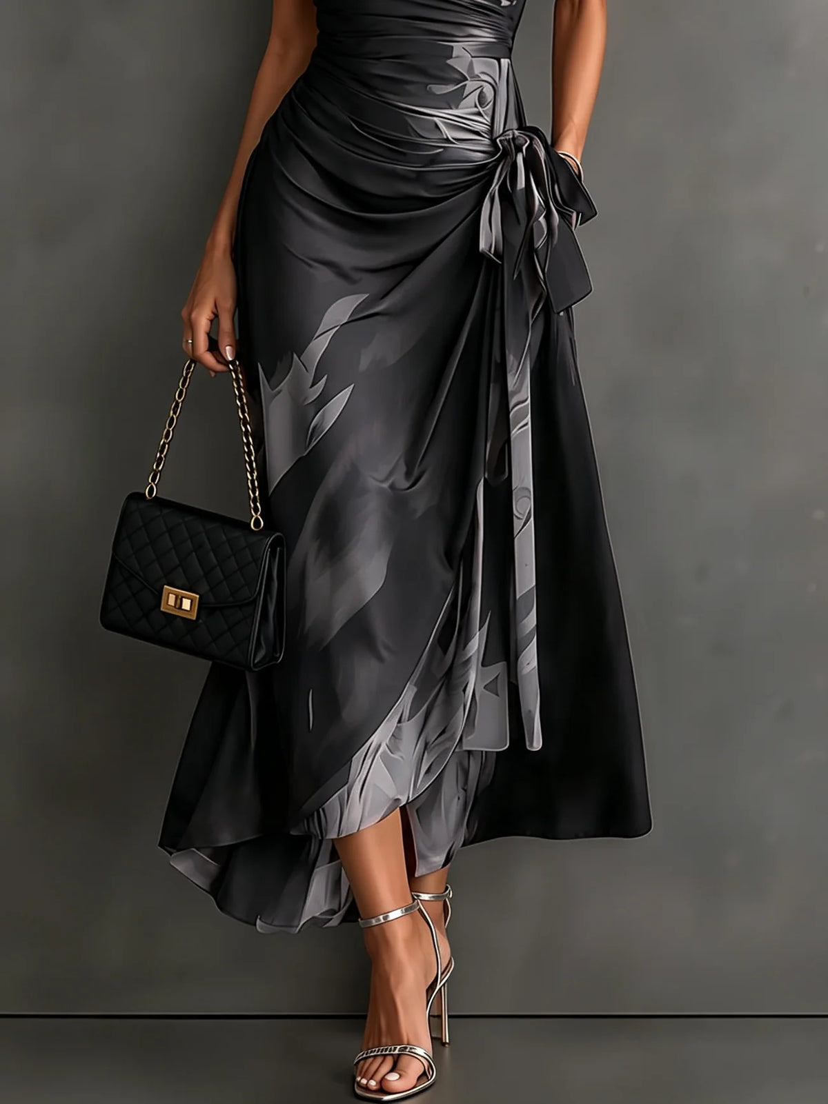 Midi Dress Abstract Print Wrap V-Neck Tie Waist