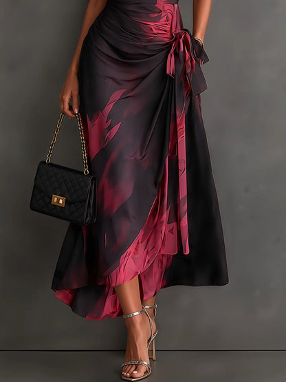 Midi Dress Abstract Print Wrap V-Neck Tie Waist