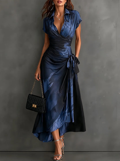 Midi Dress Abstract Print Wrap V-Neck Tie Waist