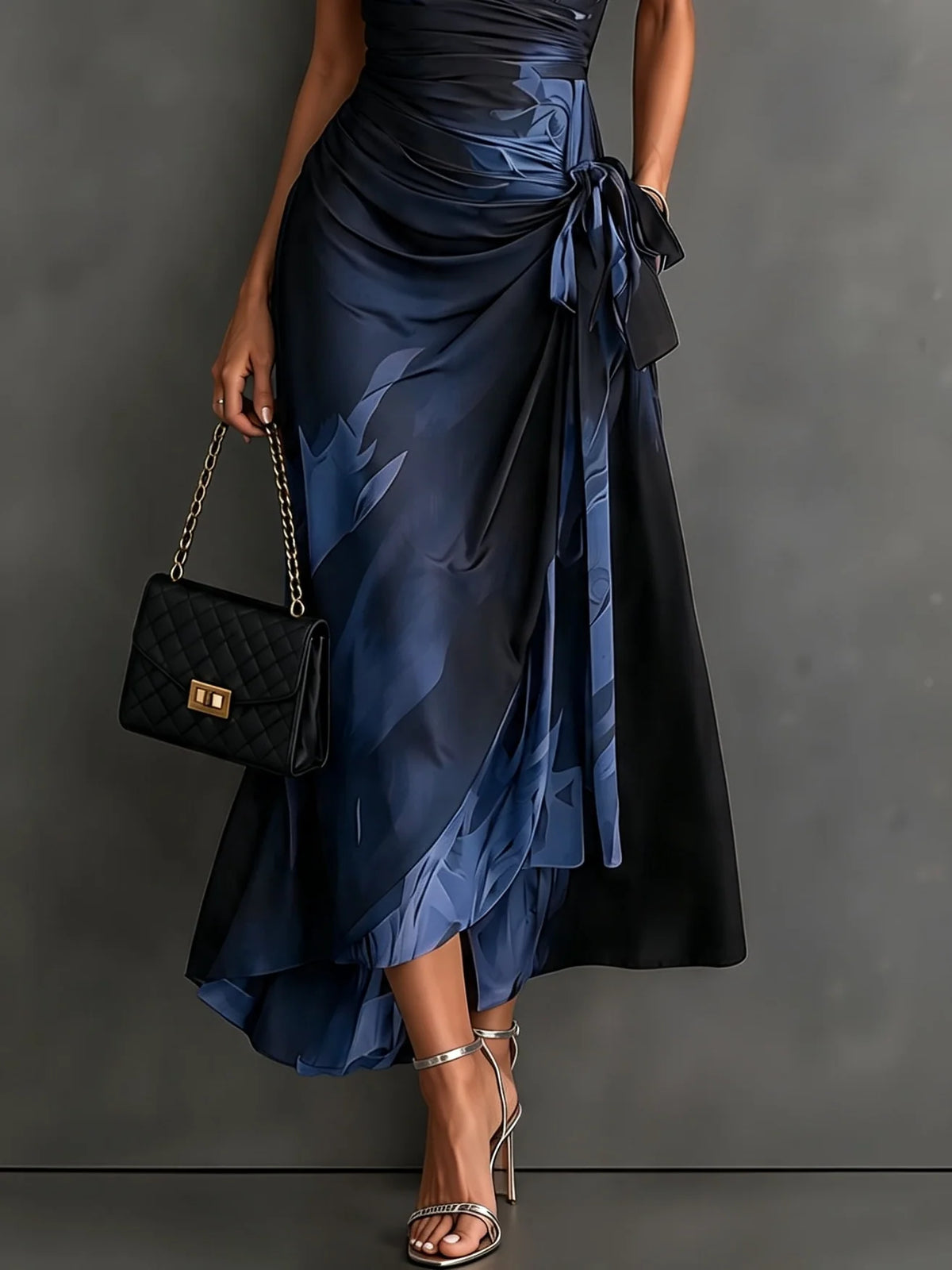 Midi Dress Abstract Print Wrap V-Neck Tie Waist