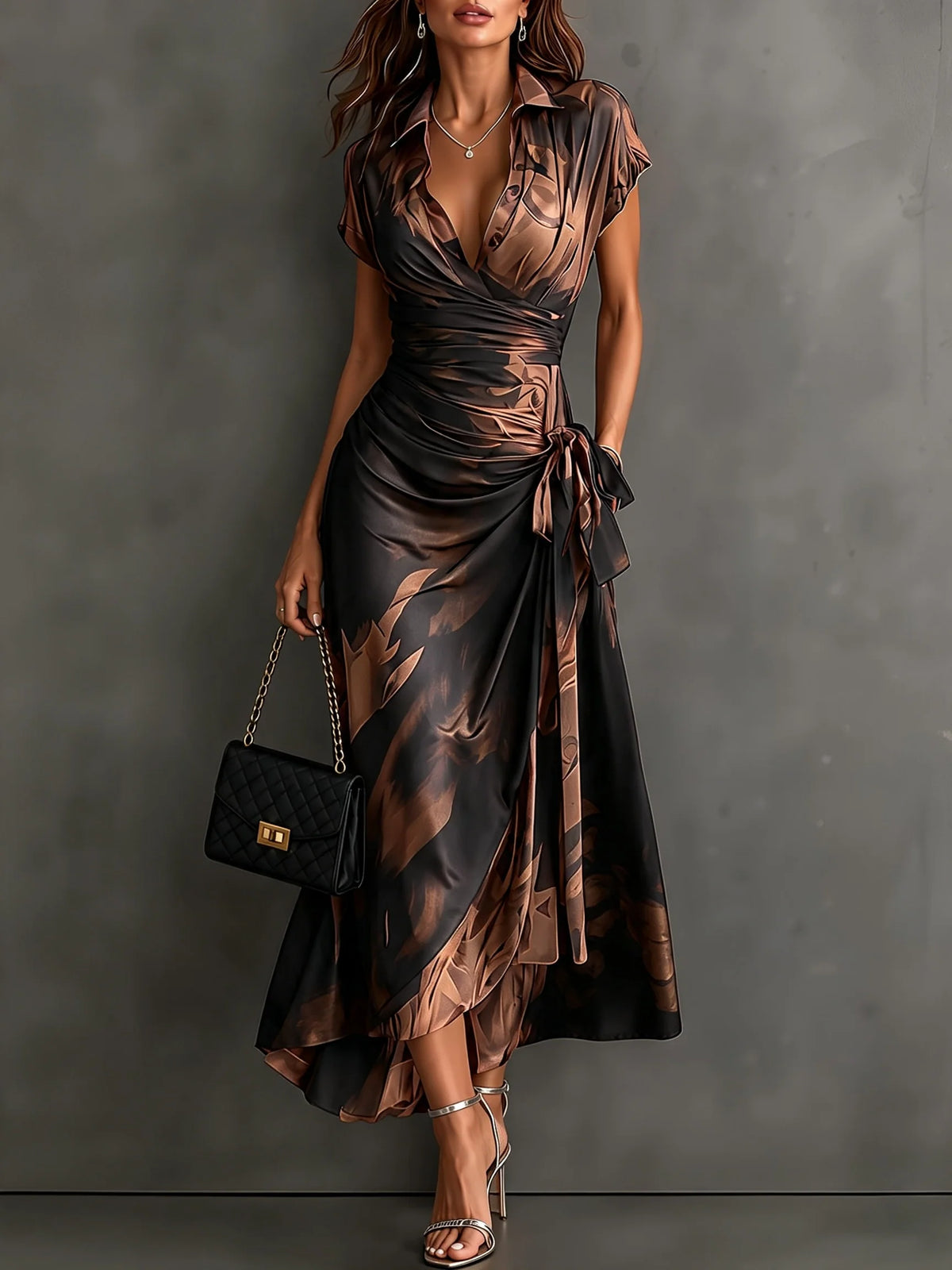 Midi Dress Abstract Print Wrap V-Neck Tie Waist