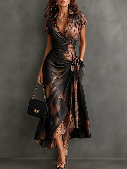 Midi Dress Abstract Print Wrap V-Neck Tie Waist