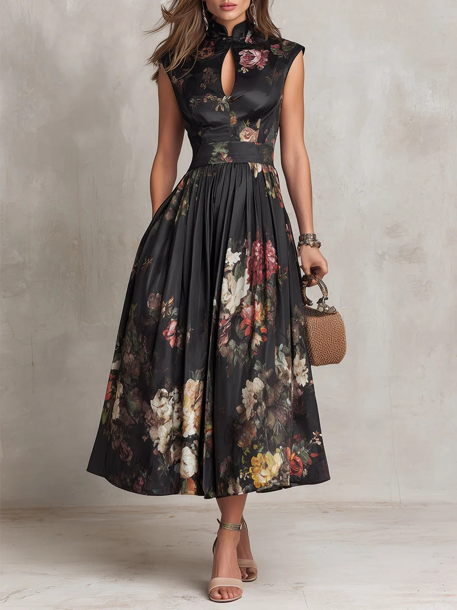 Midi Dress Black Floral Satin Pleated A-Line