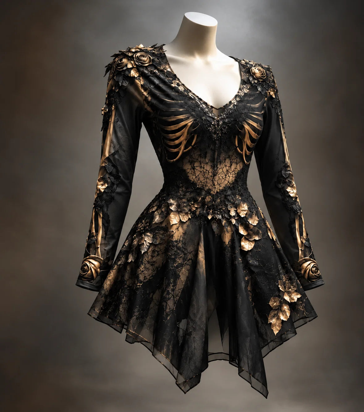 Mini Dress Gothic Bone & Floral Appliqués Long Sleeve V-Neck