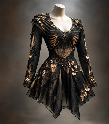Mini Dress Gothic Bone & Floral Appliqués Long Sleeve V-Neck