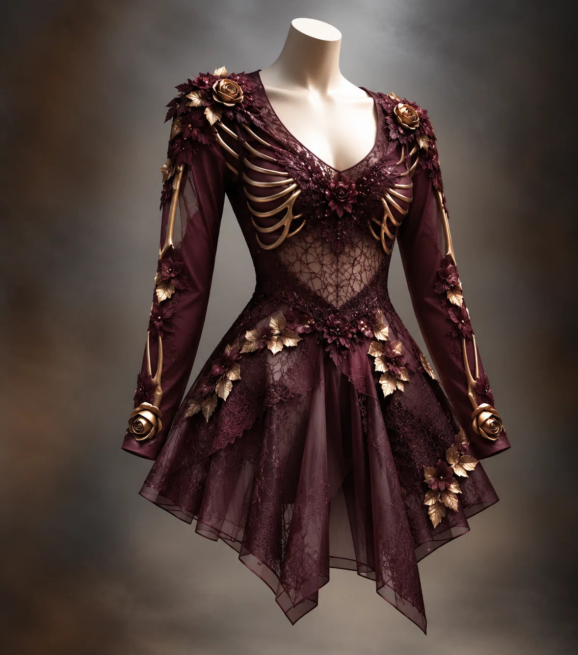 Mini Dress Gothic Bone & Floral Appliqués Long Sleeve V-Neck