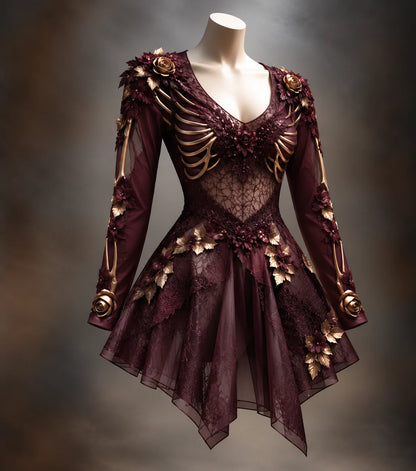 Mini Dress Gothic Bone & Floral Appliqués Long Sleeve V-Neck
