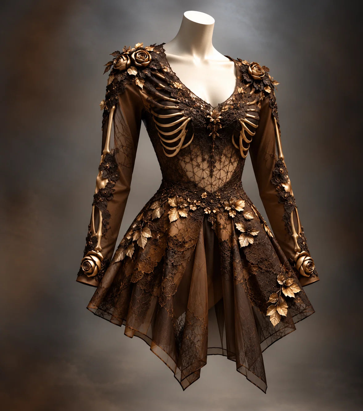 Mini Dress Gothic Bone & Floral Appliqués Long Sleeve V-Neck