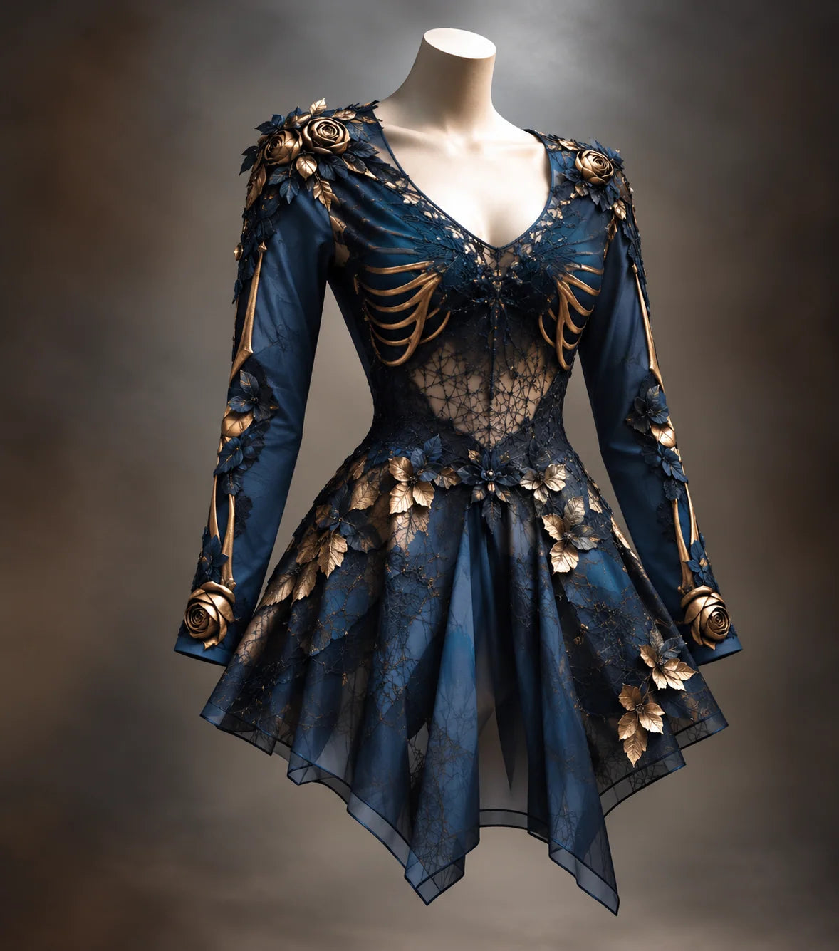 Mini Dress Gothic Bone & Floral Appliqués Long Sleeve V-Neck