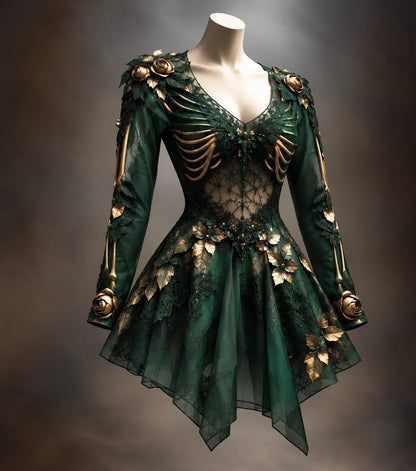 Mini Dress Gothic Bone & Floral Appliqués Long Sleeve V-Neck