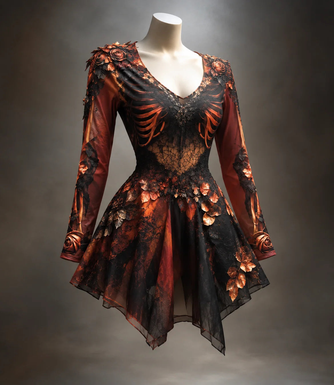 Mini Dress Gothic Bone & Floral Appliqués Long Sleeve V-Neck