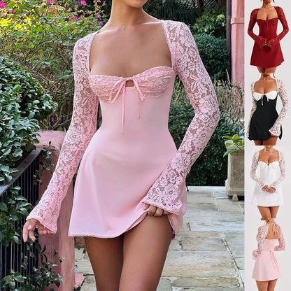 Mini Dress Lace Long Sleeve Backless Lace-Up Corset Detail