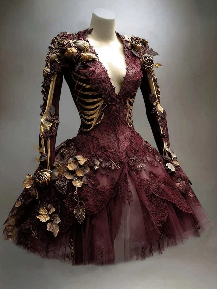 Mini Dress Skeleton Appliqué 3D Floral Accents Long Sleeves