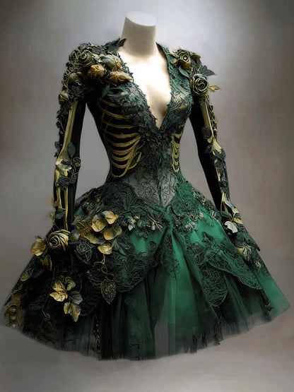 Mini Dress Skeleton Appliqué 3D Floral Accents Long Sleeves