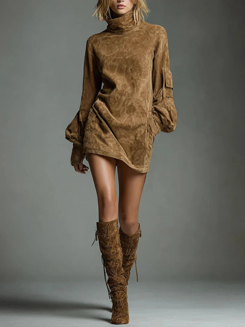 Mini Dress Suede Turtleneck Relaxed Fit