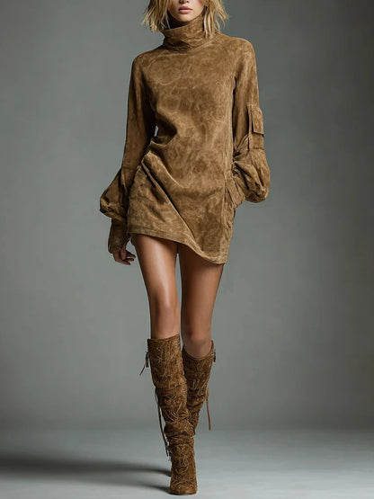 Mini Dress Suede Turtleneck Relaxed Fit