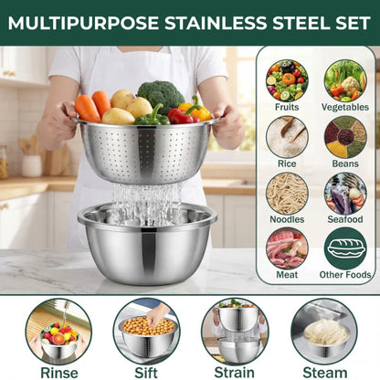 Mixing Bowl Set 3-in-1 Stainless Steel Grater & Colander