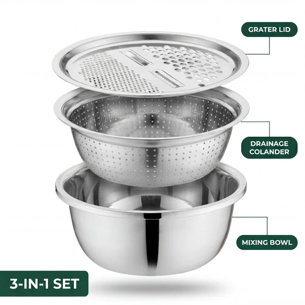 Mixing Bowl Set 3-in-1 Stainless Steel Grater & Colander