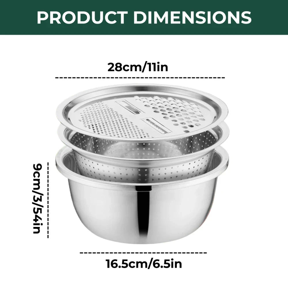 Mixing Bowl Set 3-in-1 Stainless Steel Grater & Colander