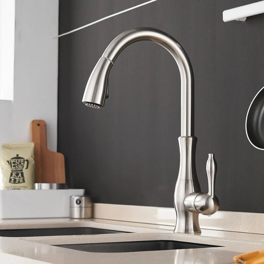 Modern Kitchen Mixer Faucet – 360° Swiveling Stainless Steel with Pull-Out Spray