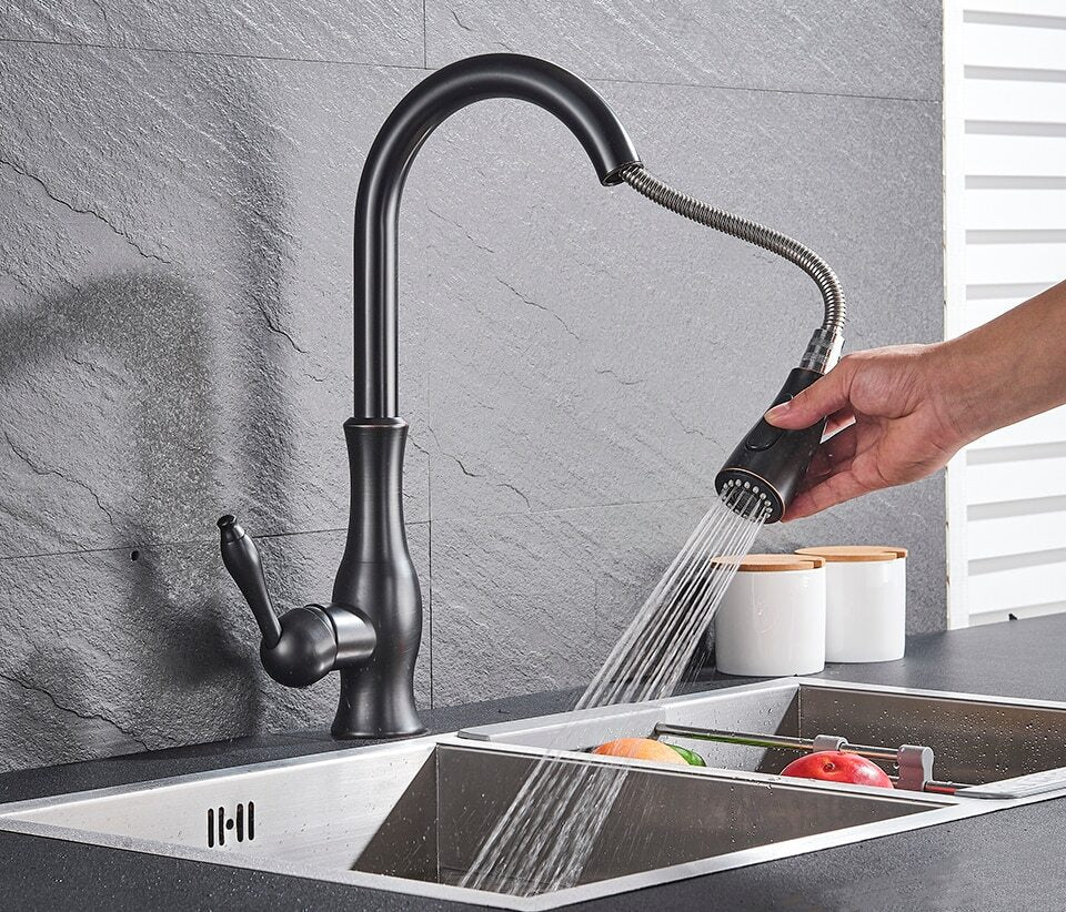 Modern Kitchen Mixer Faucet – 360° Swiveling Stainless Steel with Pull-Out Spray
