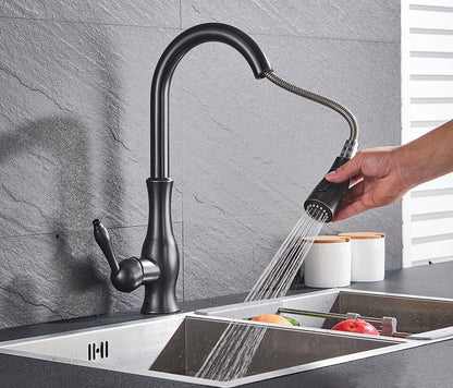 Modern Kitchen Mixer Faucet – 360° Swiveling Stainless Steel with Pull-Out Spray