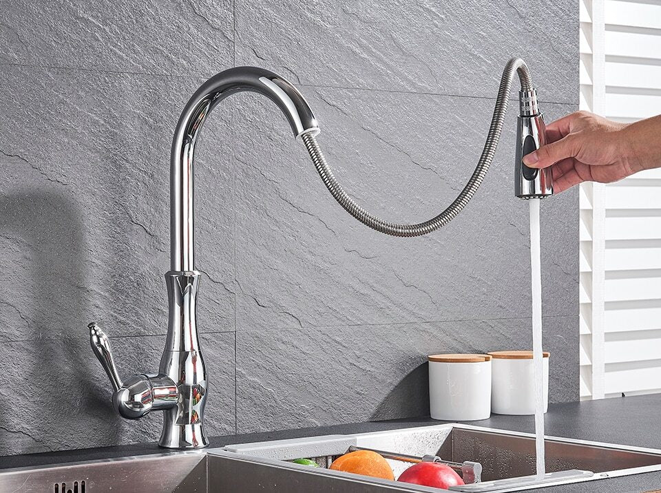 Modern Kitchen Mixer Faucet – 360° Swiveling Stainless Steel with Pull-Out Spray