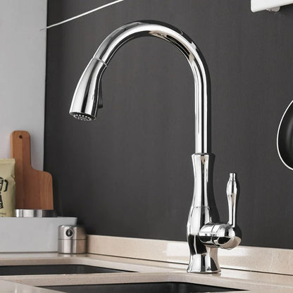 Modern Kitchen Mixer Faucet – 360° Swiveling Stainless Steel with Pull-Out Spray