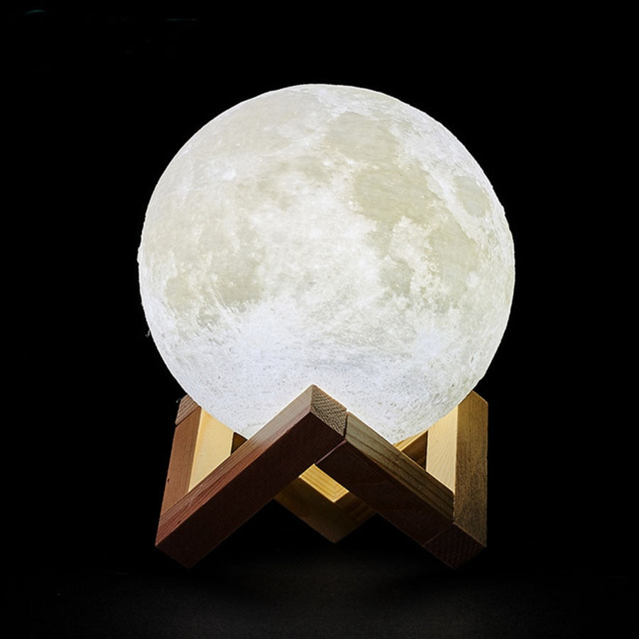 Moon Lamp 3D Printed Texture Wooden Stand 16 Colors