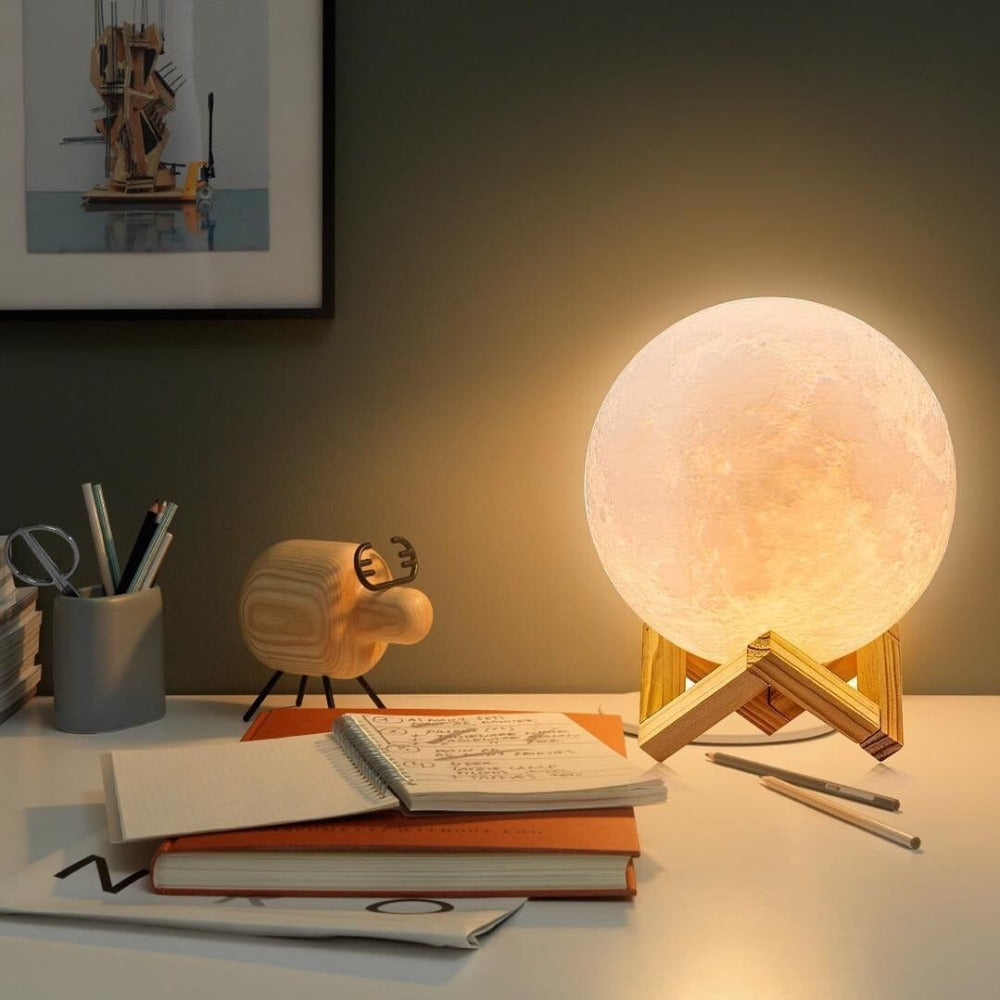 Moon Lamp 3D Printed Texture Wooden Stand 16 Colors