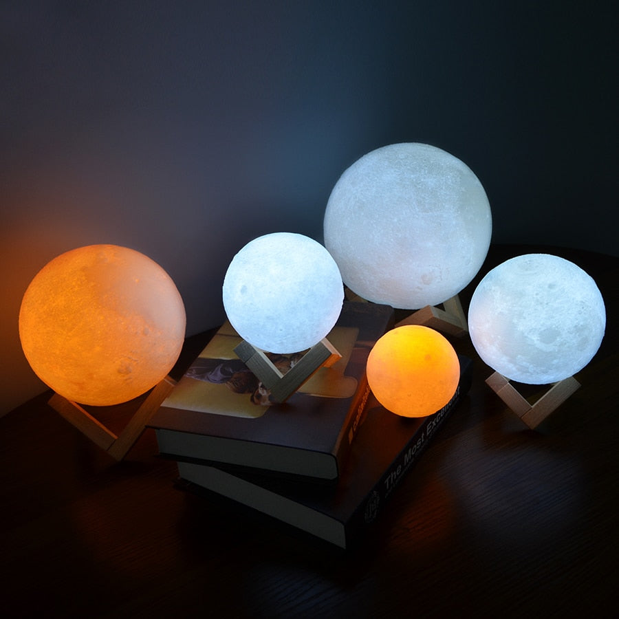 Moon Lamp 3D Printed Texture Wooden Stand 16 Colors