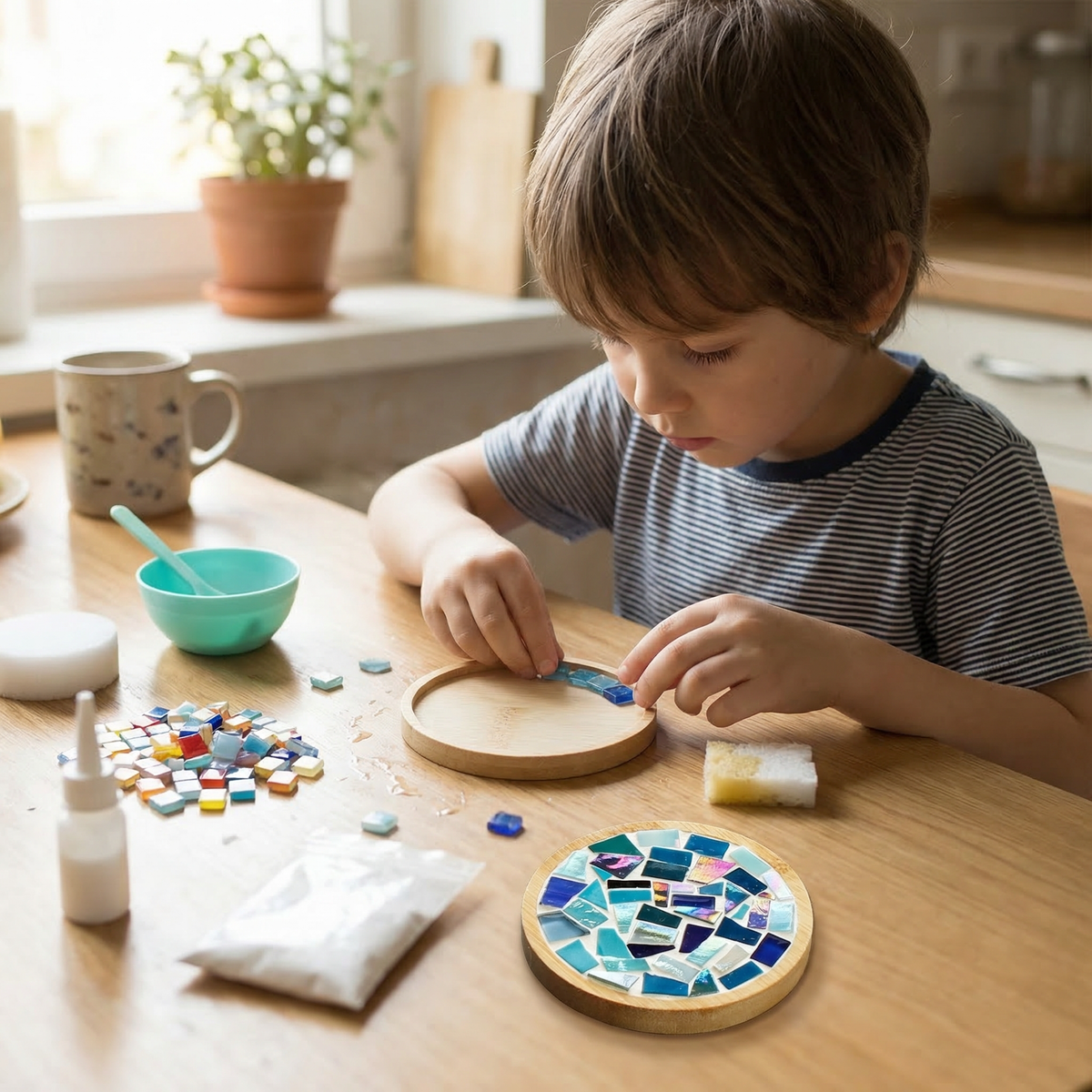 Mosaic Coaster Kit Wooden Bases & Colorful Tiles