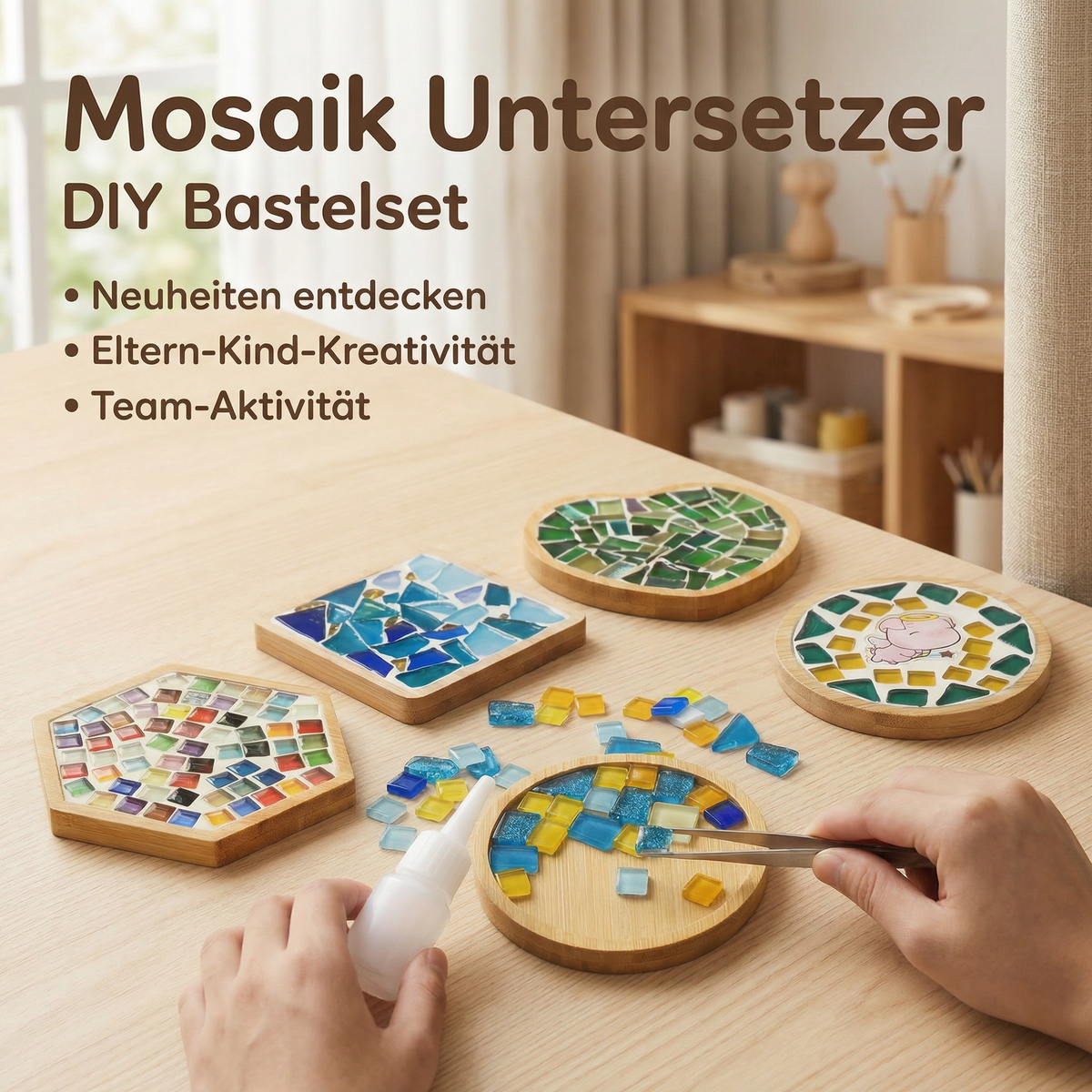 Mosaic Coaster Kit Wooden Bases & Colorful Tiles