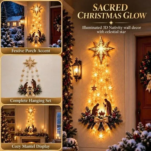 Nativity Scene Wall Ornament Warm White LED Lights Ready to Hang
