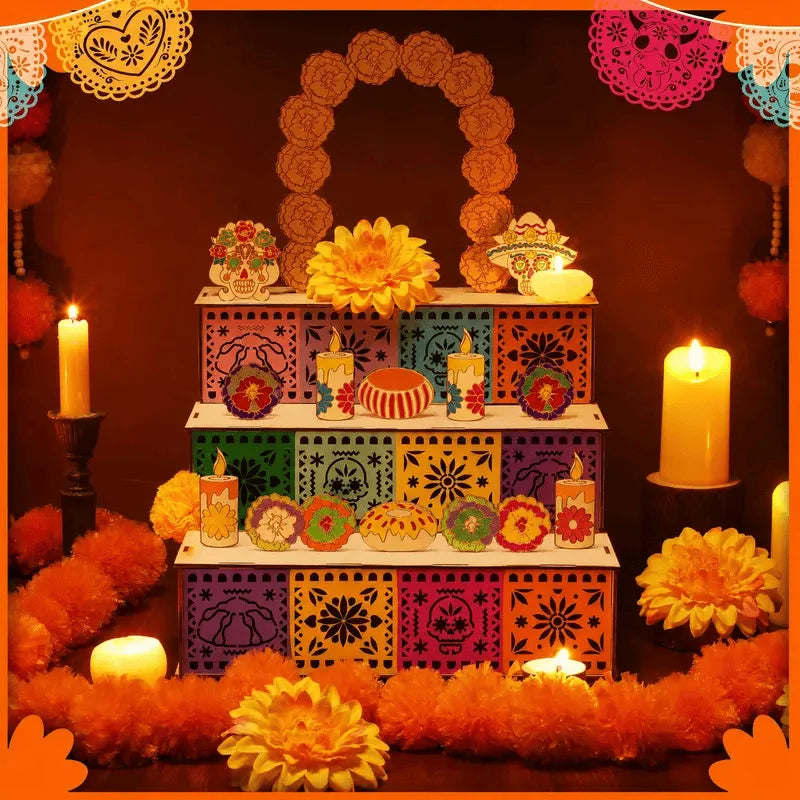 Ofrenda Altar Display Set Wooden Three-Tier Tabletop