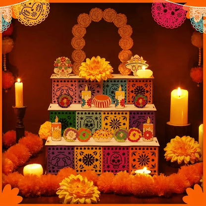 Ofrenda Altar Display Set Wooden Three-Tier Tabletop