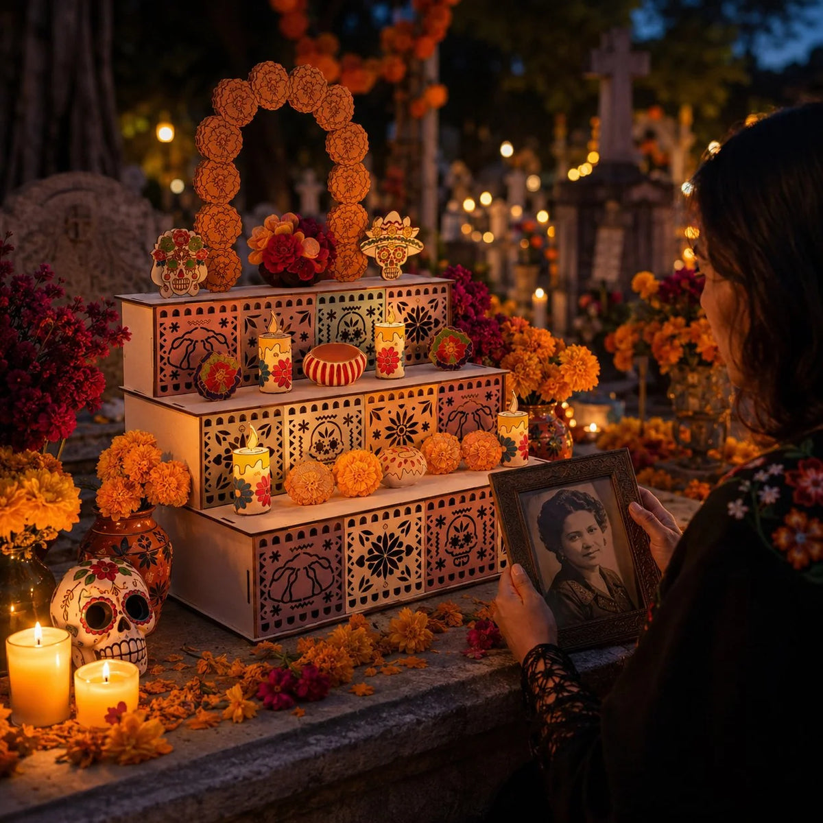 Ofrenda Altar Display Set Wooden Three-Tier Tabletop