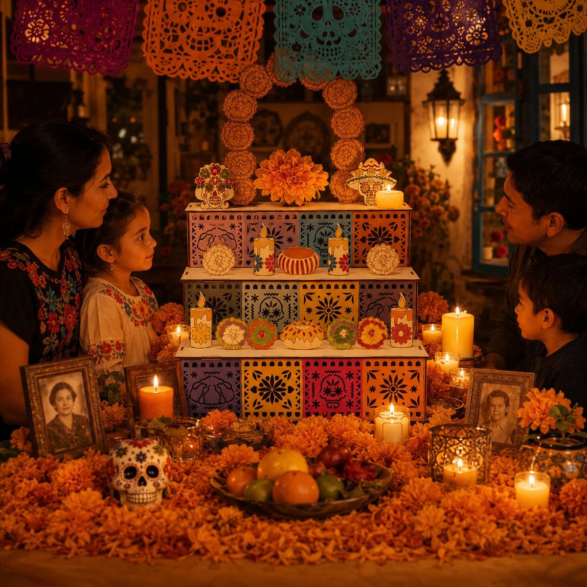 Ofrenda Altar Display Set Wooden Three-Tier Tabletop