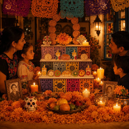 Ofrenda Altar Display Set Wooden Three-Tier Tabletop