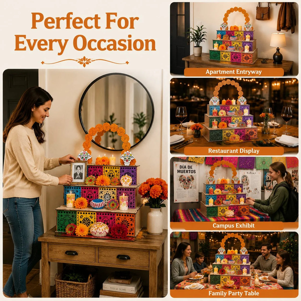 Ofrenda Altar Display Set Wooden Three-Tier Tabletop