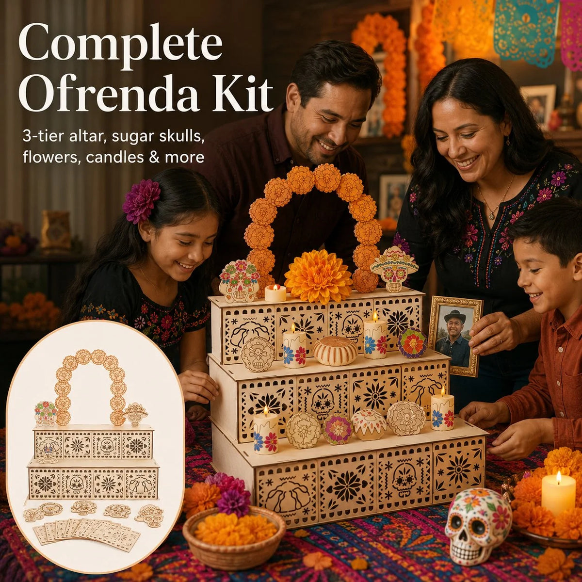 Ofrenda Altar Display Set Wooden Three-Tier Tabletop