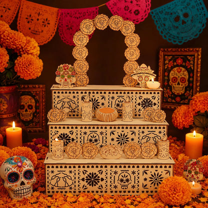 Ofrenda Altar Display Set Wooden Three-Tier Tabletop