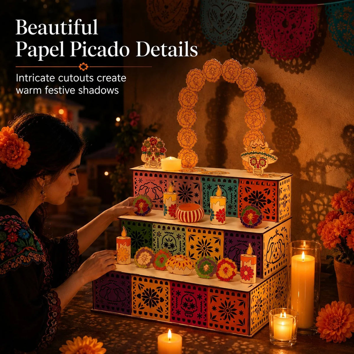 Ofrenda Altar Display Set Wooden Three-Tier Tabletop