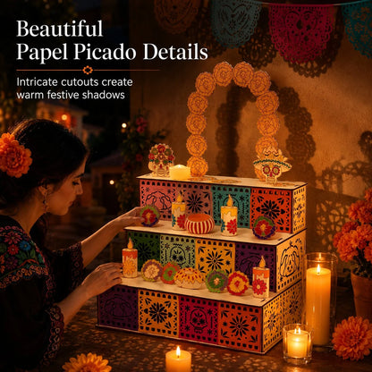 Ofrenda Altar Display Set Wooden Three-Tier Tabletop