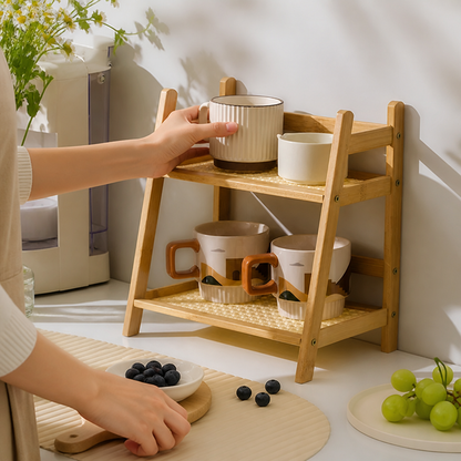 Bamboo-Style Open-Frame Cup & Utensil Storage Shelf (2-Tier)