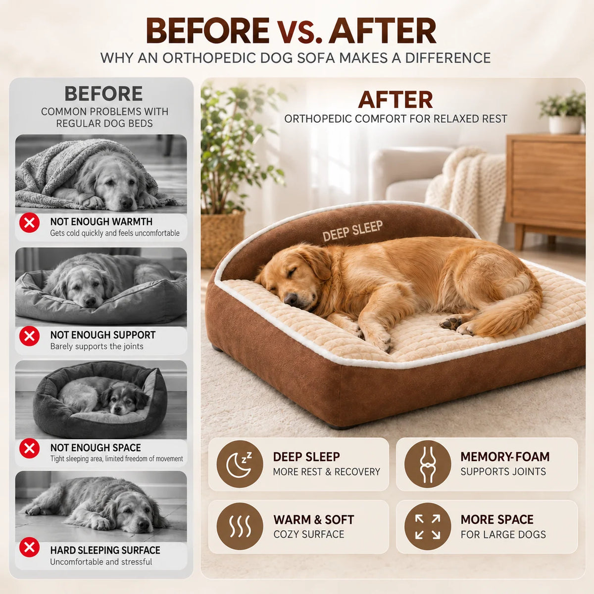 Orthopedic Dog Bed Memory Foam Washable Cover Non-Slip Base